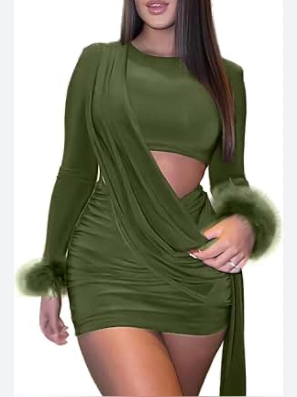 Olive Green Long-Sleeve Draped Cutout Mini Dress